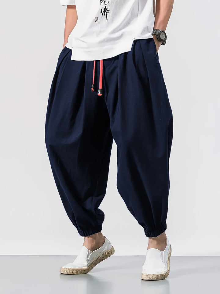 Men's Casual Solid Comfy Harem Pants With Drawstring, Hip Hop Style Trousers For Spring And Autumn