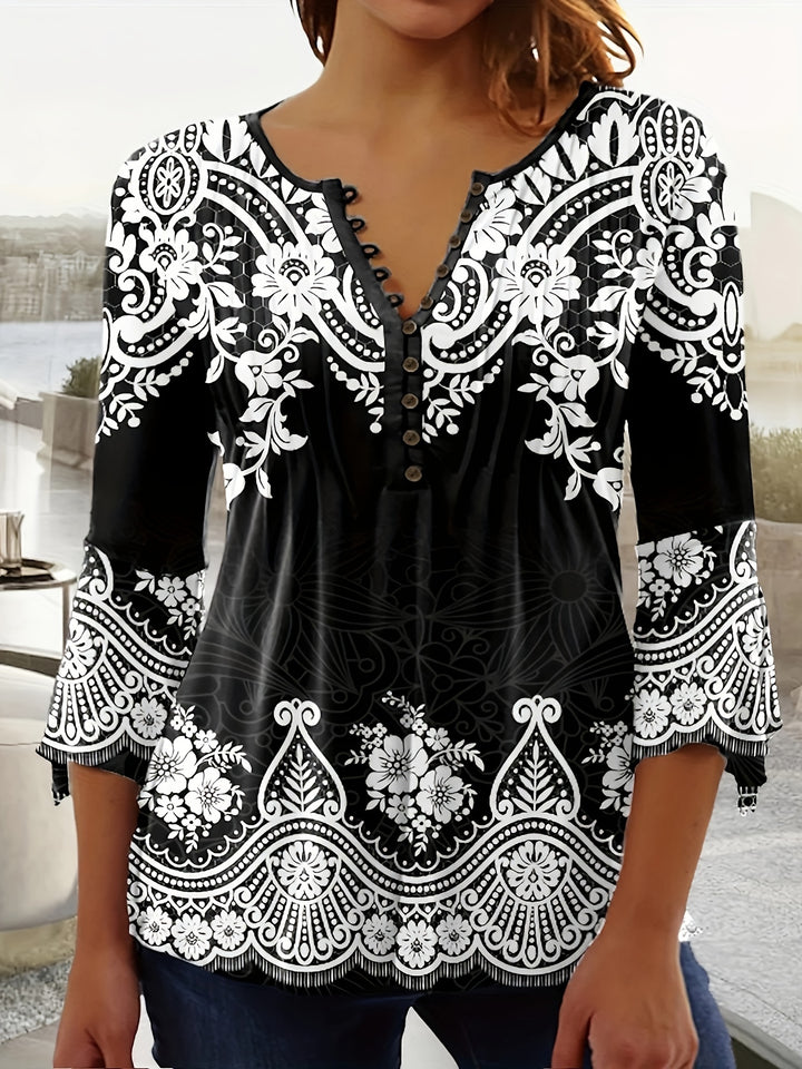 Plus Size Boho Top, Women's Plus Paisley Print Half Sleeve Button Up V Neck Slight Stretch Top