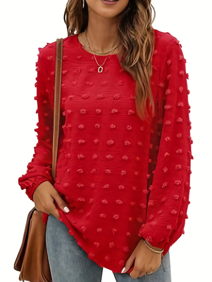 Plus Size elegant Top, Women's Plus Solid Swiss Dot Lantern Sleeve Round Neck Tunic Top