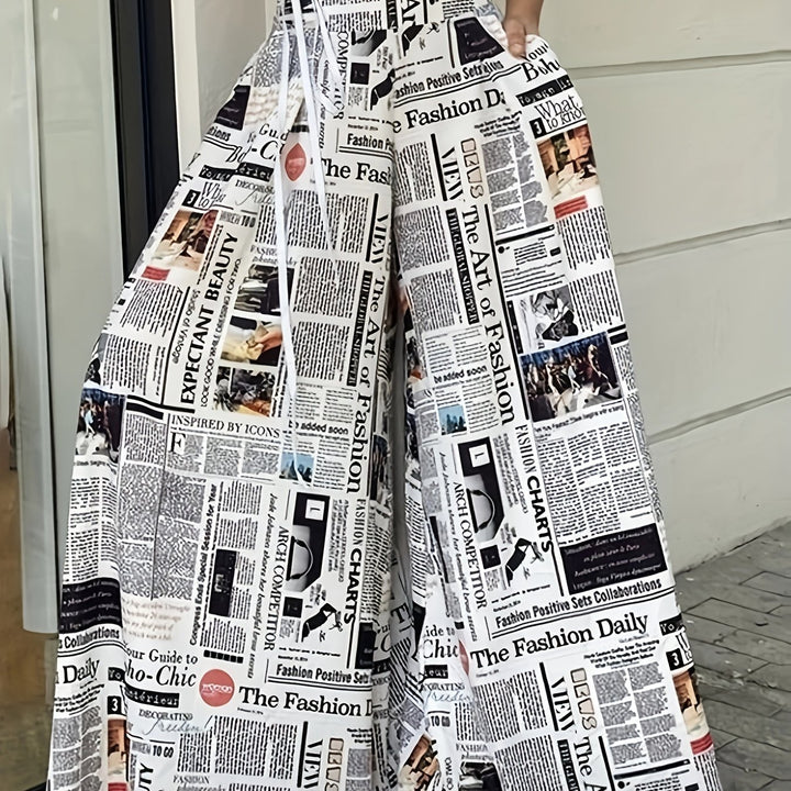 Newspaper Print Palazzo Pants, Casual High Waist Wide Leg Pants, Women's Clothing