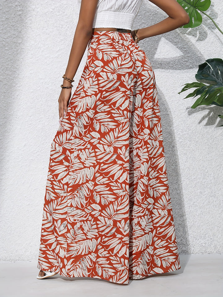 Bohemian Chic Plants Print Palazzo Pants - Casual High Waist Elastic Wide Leg - Perfect for Summer Beach Vacations - Comfortable Womens Clothing