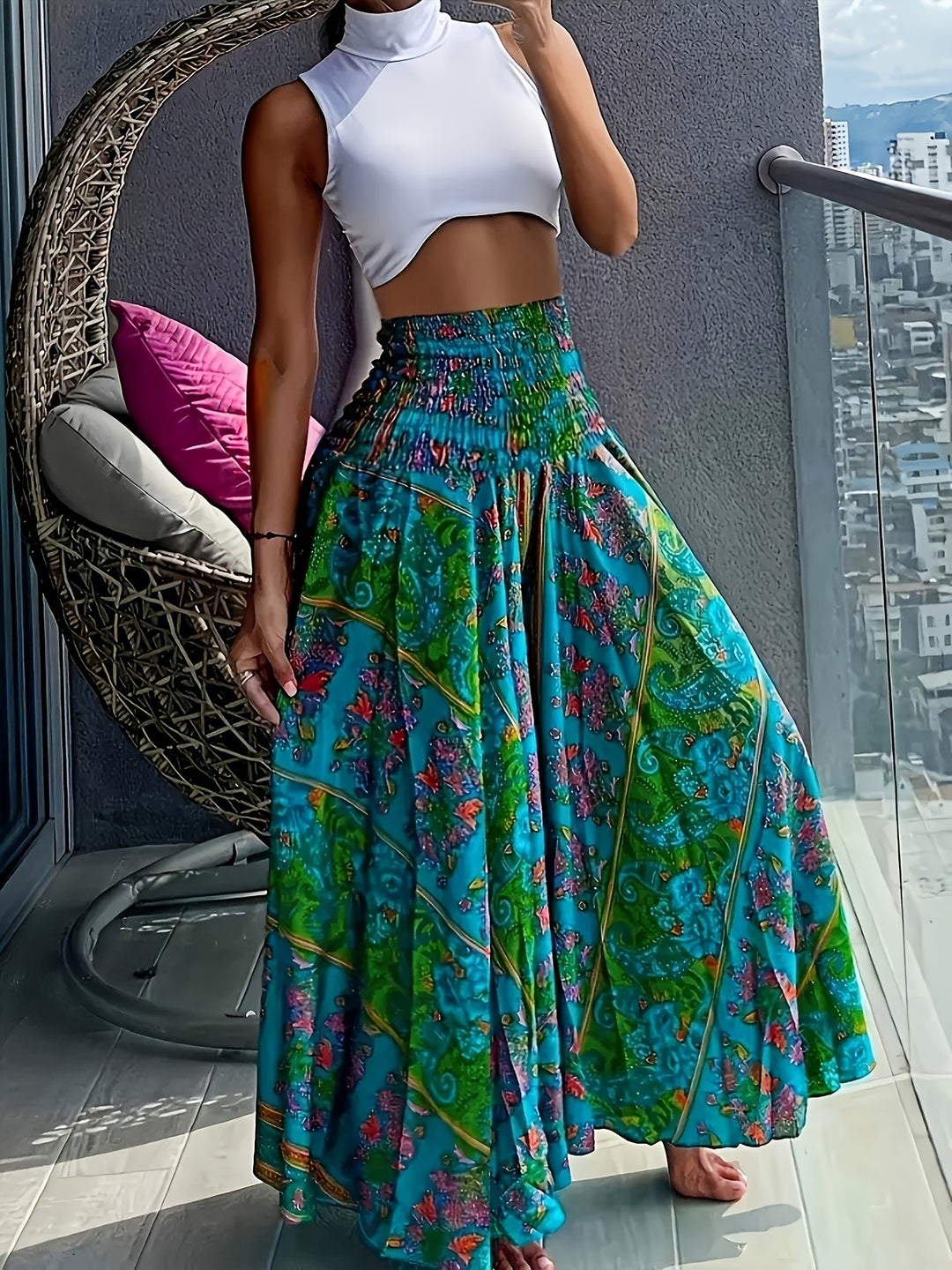 Floral Print Wide Leg Pants, Boho Shirred High Waist Loose Flare Pants For Spring & Summer, Women's Clothing