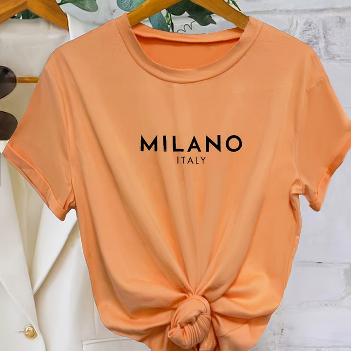 Milano Letter Print T-shirt, Casual Crew Neck Short Sleeve Top For Spring & Summer, Women's Clothing