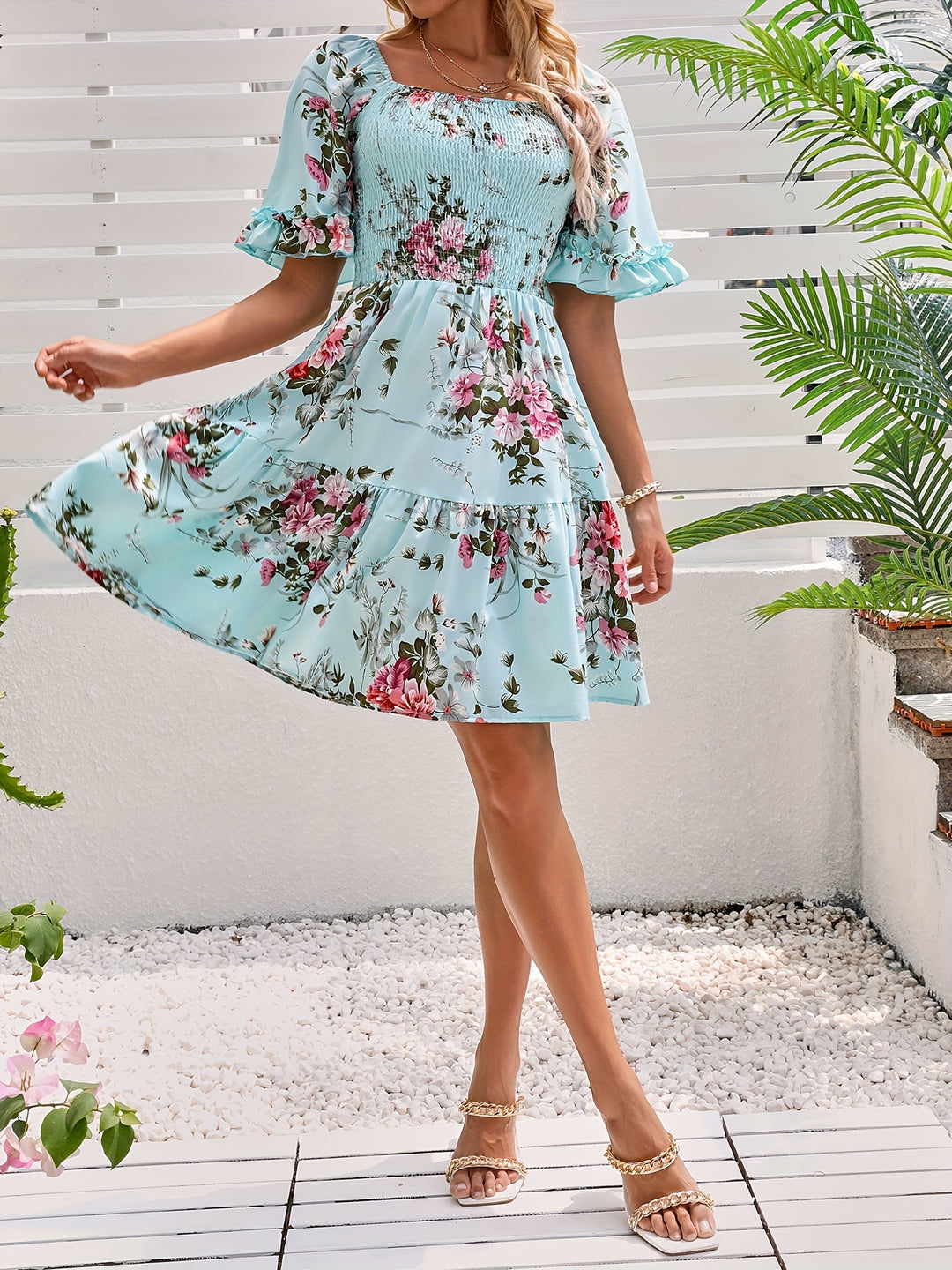 Floral Print Square Neck Shirred Dress, Elegant Short Sleeve Ruffle Hem A-line Dress for Spring & Summer, Women's Clothing