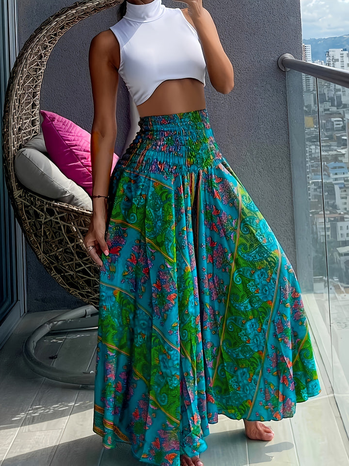 Vibrant Boho Floral Print High Waist Shirred Waist Pants - Soft, Breathable, Comfortable, Versatile, and Flattering - Perfect for Spring and Summer, Womens Casual Clothing, Ideal for Outdoor Activities and Daily Wear