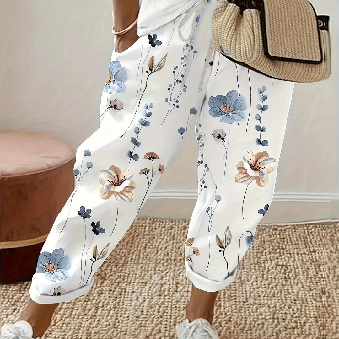 Women's Versatile Floral Drawstring Pants - Straight-Leg Style with Dual Pockets, Comfort-Fit for All Seasons, Ideal for Casual Outings and Everyday Wear