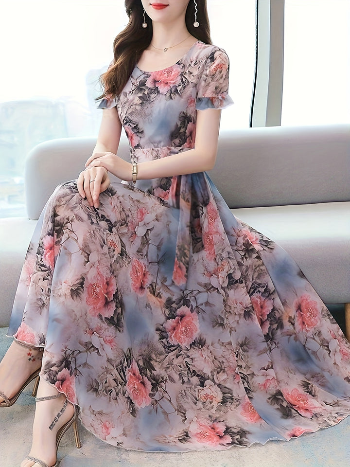 Floral Print Crew Neck Dress, Elegant Short Sleeve Dress For Spring & Summer, Women's Clothing For Elegant Dressing