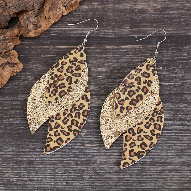 Vintage Triple Leopard PU Leather Sequin Layer Earrings