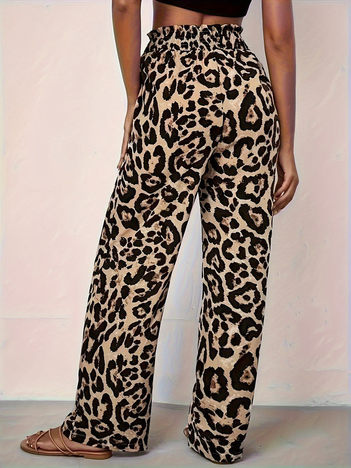 Leopard Print Elastic Waist Wide Leg Pants, Casual & Versatile High Waist Pants For Spring & Summer, Women's Clothing