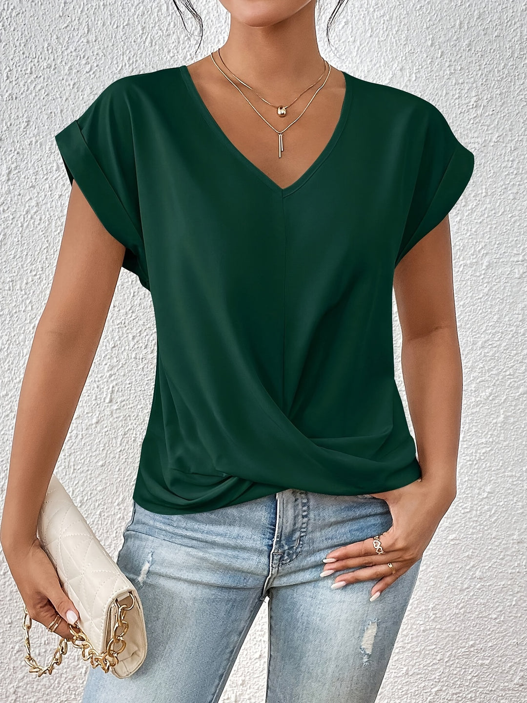 Knot V Neck T-Shirt, Casual Short Sleeve T-Shirt For Spring & Summer, Women's Clothing