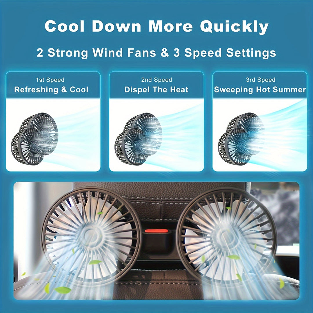 Car Fan, Car Small Air Conditioner, Dual-Head Rear Fan, Strong Wind, 5 Blades, 360 Degree Rotation, Extra Large Air Volume, Super Low Sound Operation, Easy Clip Installation, Foldable and Hidden Under the Headrest, Disassembl