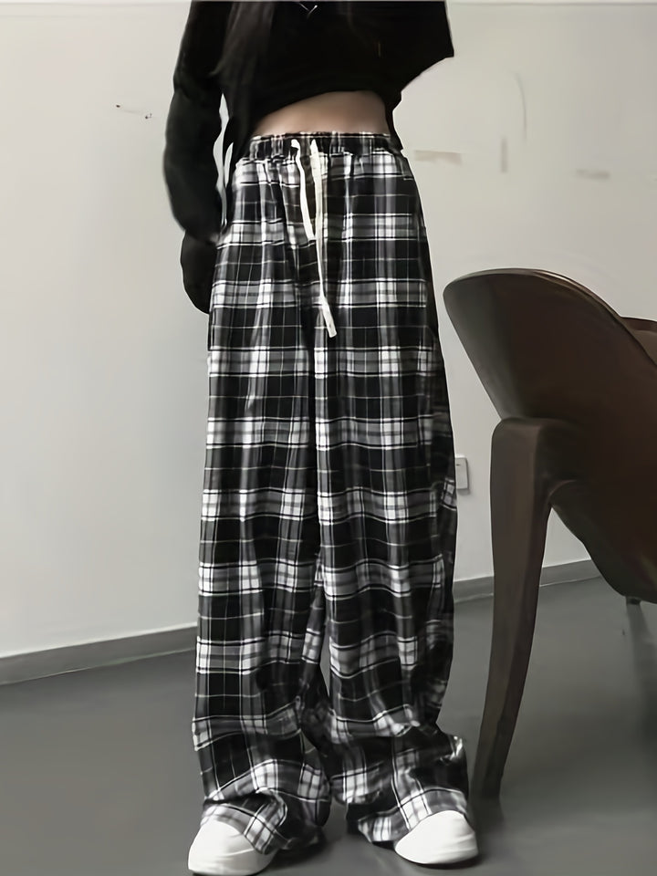 Women's Plaid Gothic Pants with Elastic Waist and Loose Wide Legs