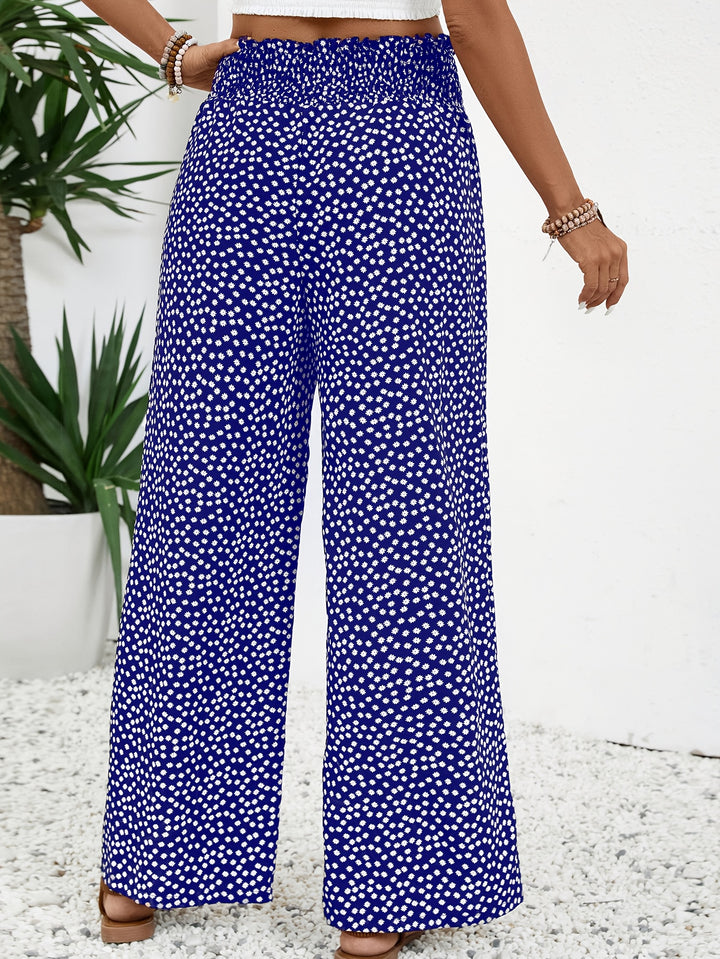 Allover Print Wide Leg Pants – Casual Shirred Waist