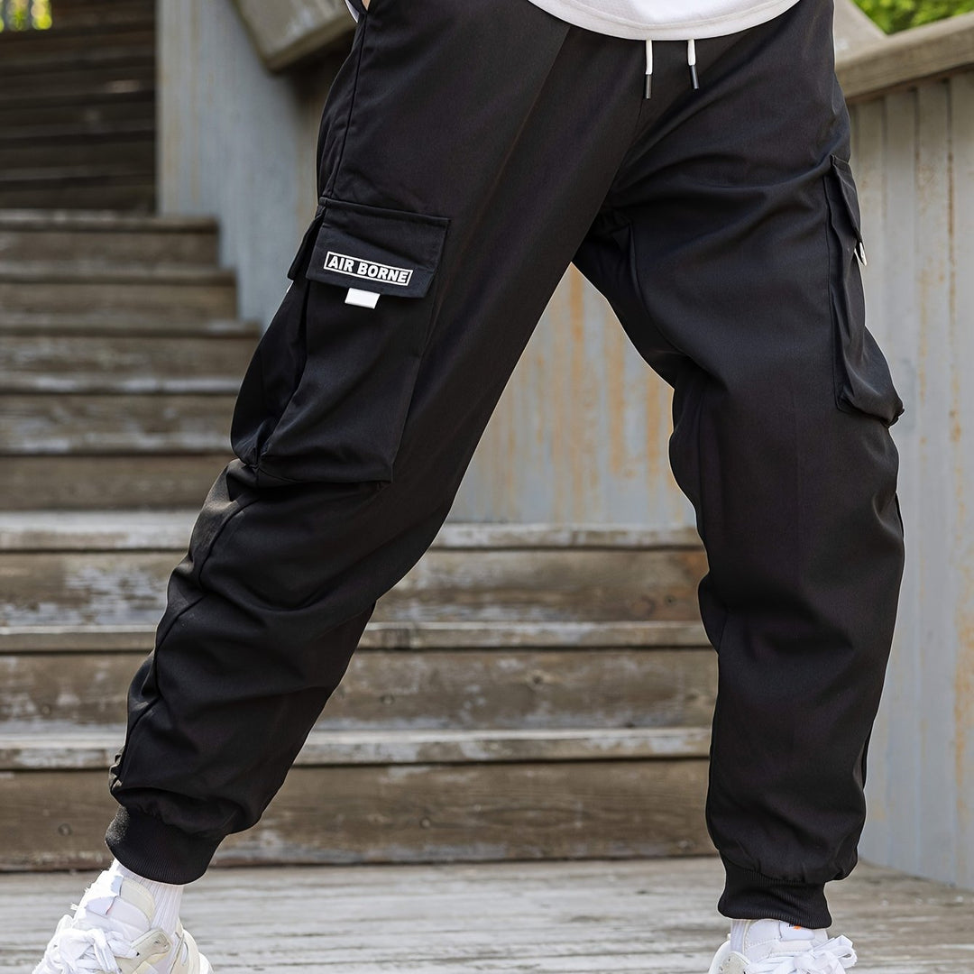 Loose Men's Comfy Cargo Pants With Flap Pockets, Drawstring Jogger Pants