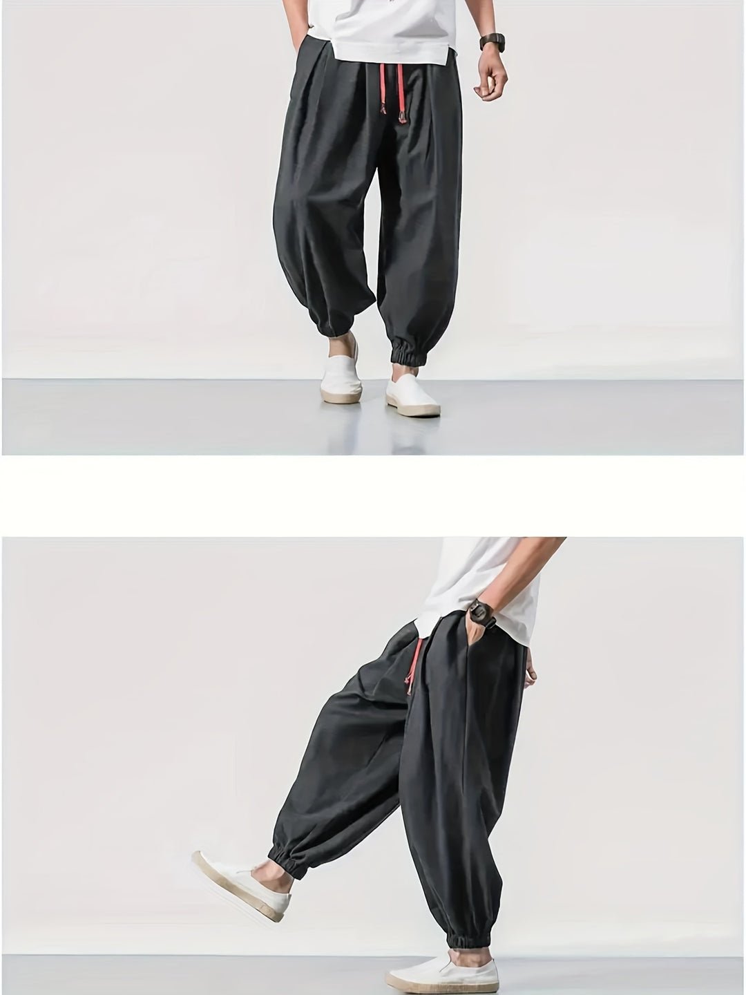 Men's Casual Solid Comfy Harem Pants With Drawstring, Hip Hop Style Trousers For Spring And Autumn