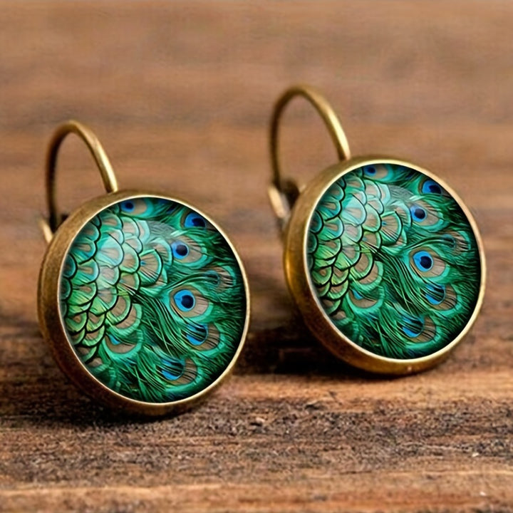 Vintage Time Gemstone Glass Earrings Sunflower Tree Butterfly Pattern Ear Jewelry