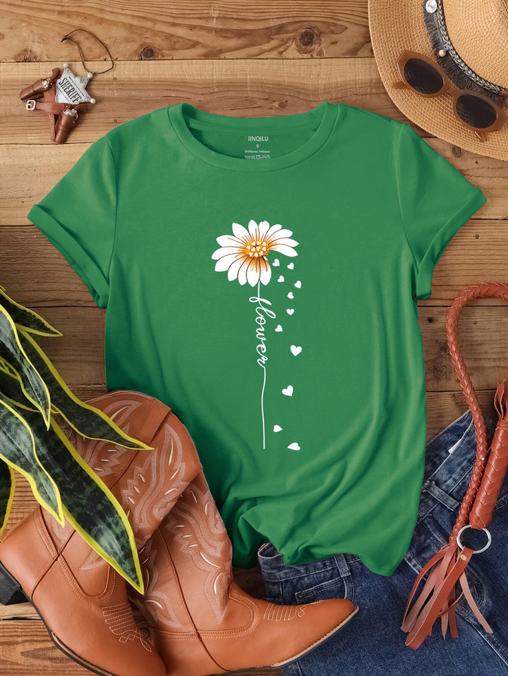 Faith Letter & Flower Print T-shirt, Casual Short Sleeve Crew Neck Top, Women's Clothing, Valentine's Day