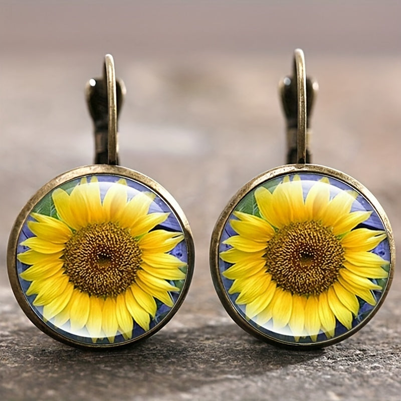 Vintage Time Gemstone Glass Earrings Sunflower Tree Butterfly Pattern Ear Jewelry