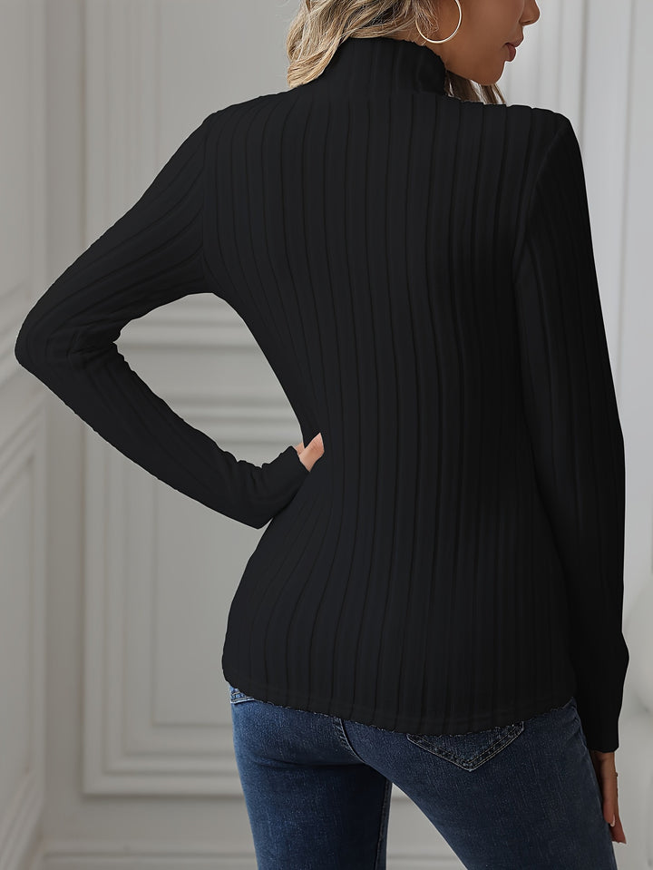 Elegant Dark Gray Ribbed Knit T-Shirt - Mock Neck, Long Sleeve, Stretchy Polyester Blend, Machine Washable - Chic & Versatile for All Seasons