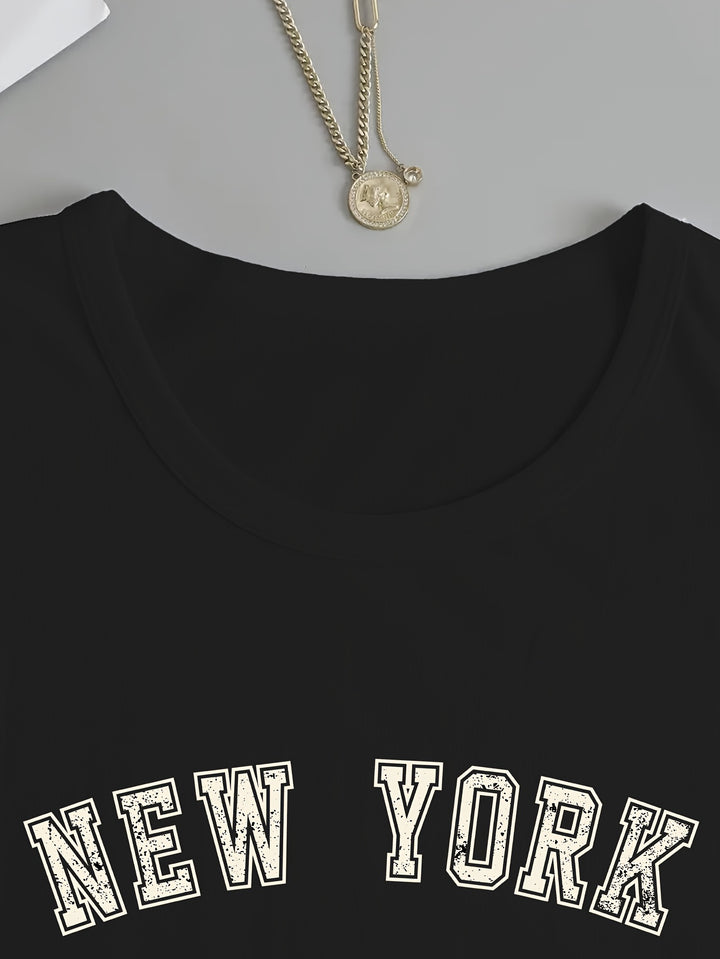 New York Print Crew Neck T-shirt, Casual Long Sleeve Top For Spring & Fall, Women's Clothing