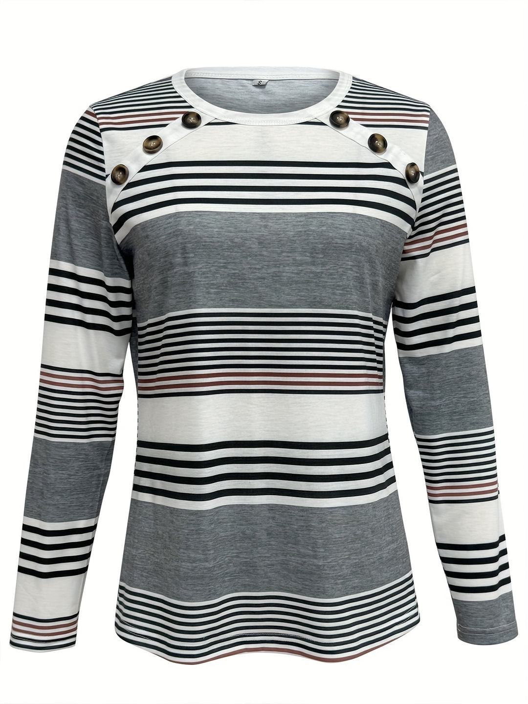 Elegant Women's Striped Long Sleeve T-Shirt with Chic Button Detail - Crew Neck, Comfort Fit, Machine Washable - Perfect for Daily Wear