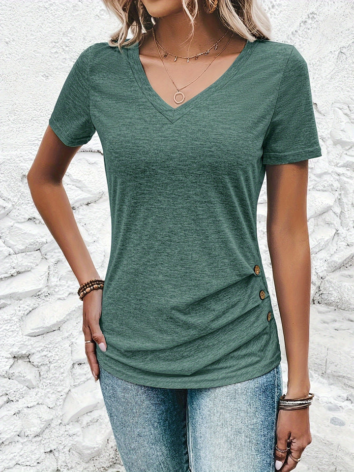 Chic Green V-Neck T-Shirt with Decorative Buttons - Casual Short Sleeve Top, Polyester & Spandex Blend, Machine Washable - Perfect for Spring/Summer/Fall