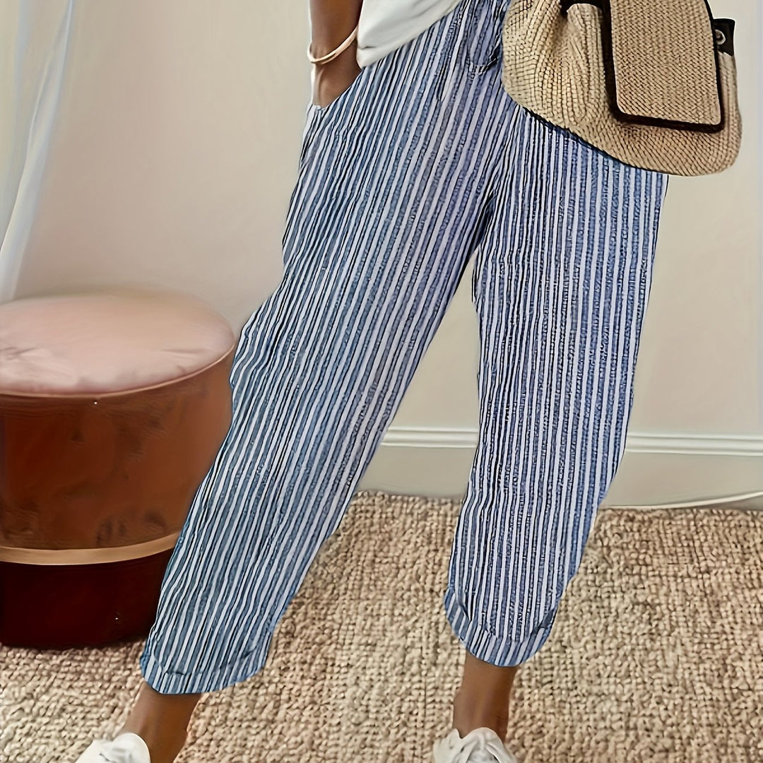 Womens Breathable Striped Drawstring Pants - Lightweight Pocketed Spring/Summer Casual Wear