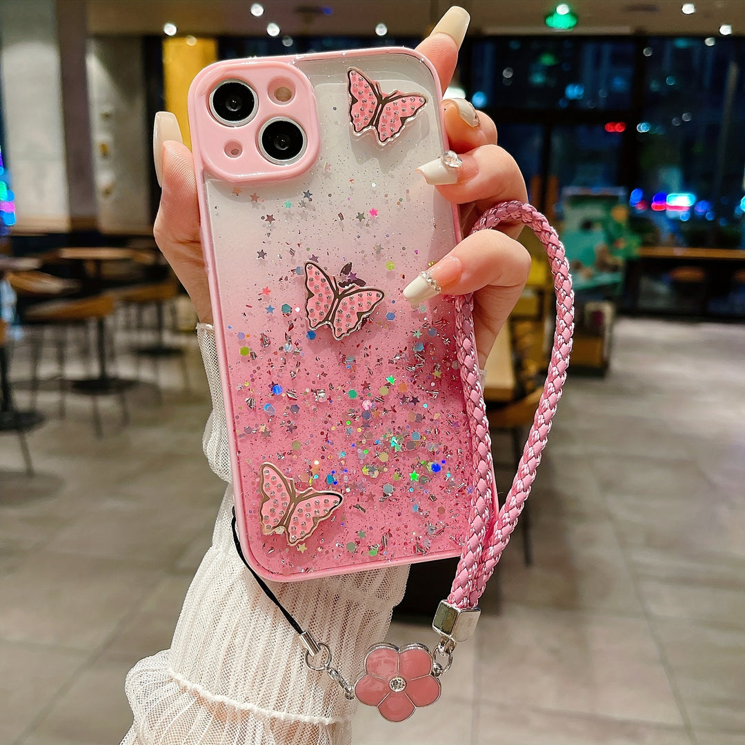 Gradually Sparkling Starry Sky Pink For IPhone 15 15Pro 15Plus 15Promax 14Pro 14Plus 14Promax 13 13Pro 13Promax 12 12Pro 12Promax 11Promax 11 Flash Rhinestone Butterfly Graphic Phone Case With Hanging Strap