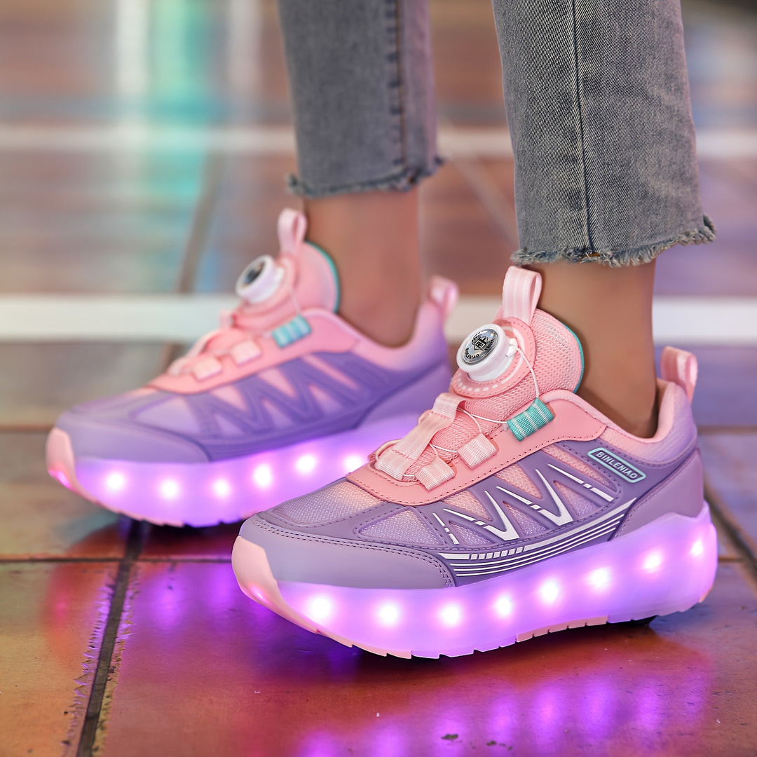 Girls' Dual-Purpose LED Light-Up Roller Skate Shoes with 16 Flashing Modes, Pink & Purple - Casual & Outdoor Sneakers with Rotary Buckle, Breathable Fabric, Low Top, Lightweight EVA/TPR Sole for Hiking, Daily Wear - All-Seaso