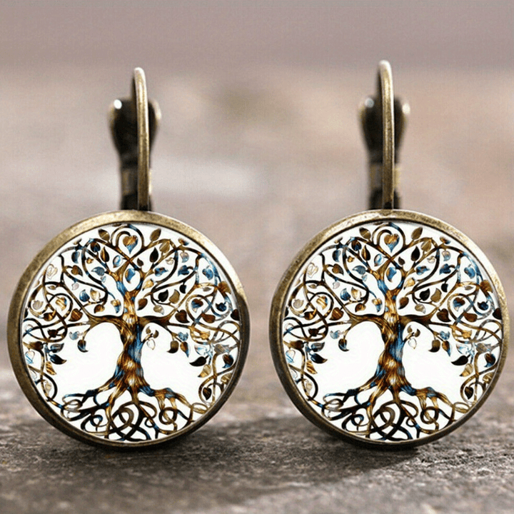 Vintage Time Gemstone Glass Earrings Sunflower Tree Butterfly Pattern Ear Jewelry