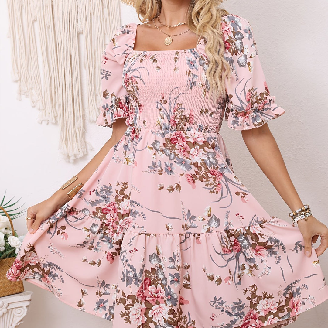 Floral Print Square Neck Shirred Dress, Elegant Short Sleeve Ruffle Hem A-line Dress for Spring & Summer, Women's Clothing