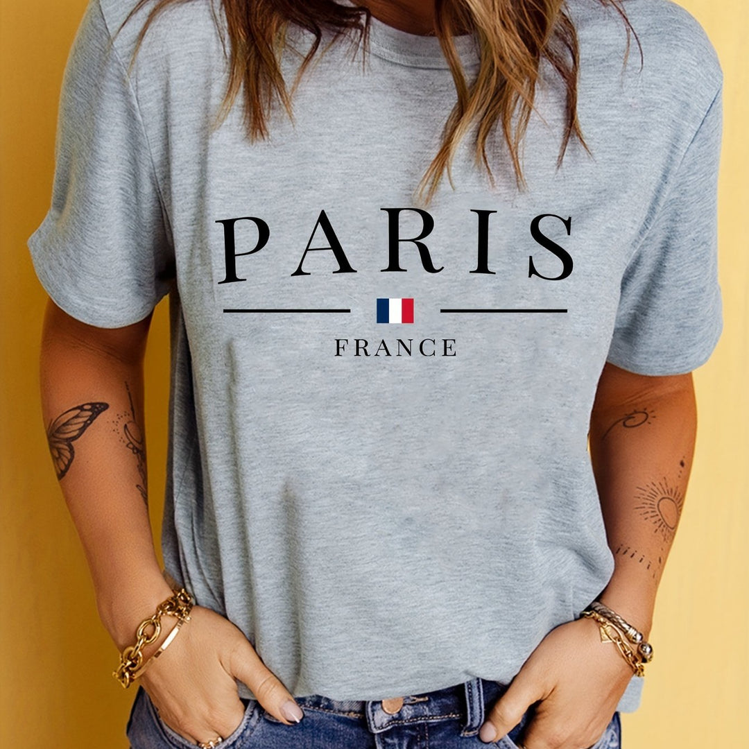 PARIS Print T-shirt, Short Sleeve Crew Neck Casual Top For Summer & Spring, Women's Clothing