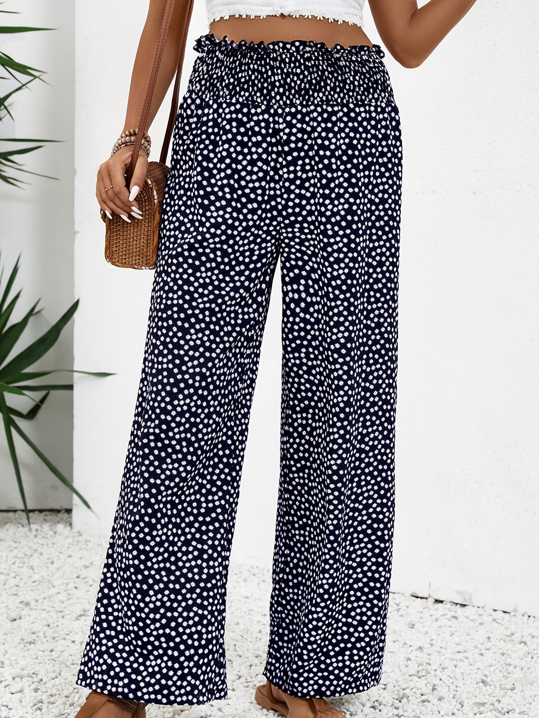 Allover Print Wide Leg Pants – Casual Shirred Waist