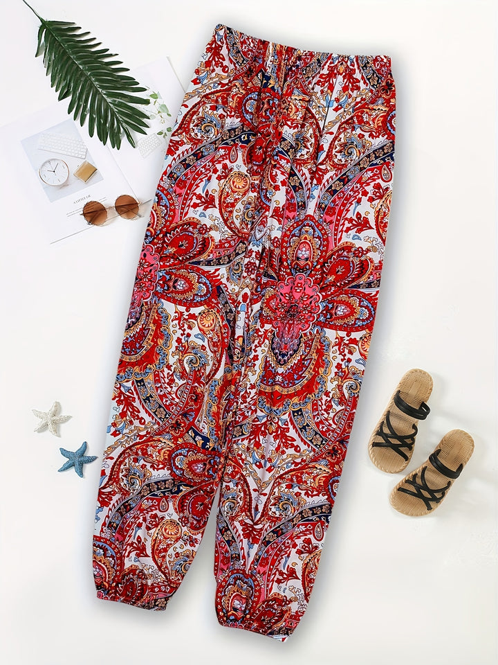 Ethnic Print Pants, Boho Elastic Waist Long Length Pants, Women's Clothing