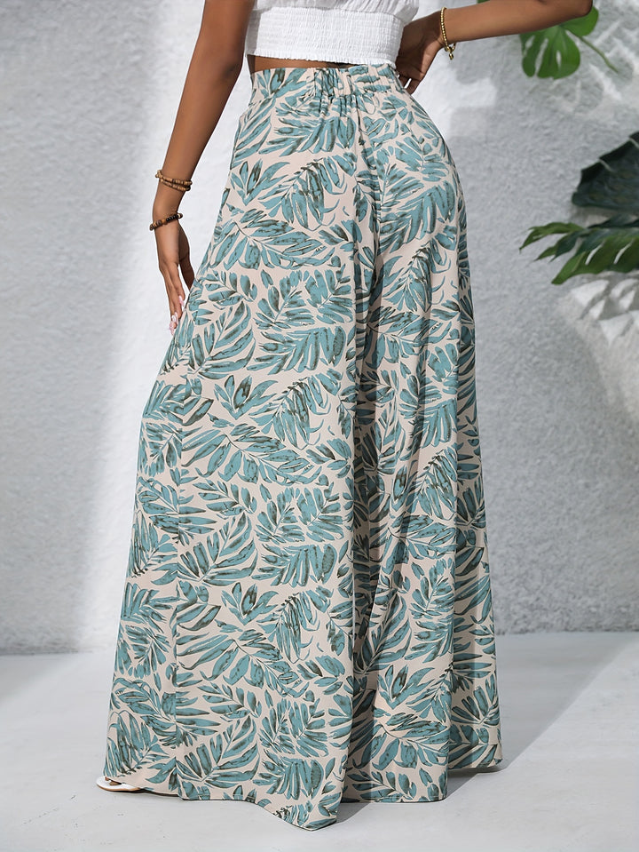 Bohemian Chic Plants Print Palazzo Pants - Casual High Waist Elastic Wide Leg - Perfect for Summer Beach Vacations - Comfortable Womens Clothing