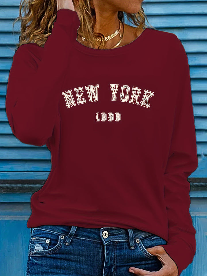 New York Print Crew Neck T-shirt, Casual Long Sleeve Top For Spring & Fall, Women's Clothing