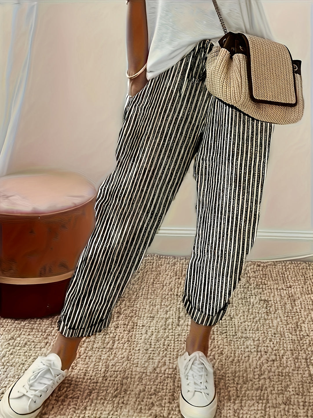 Womens Breathable Striped Drawstring Pants - Lightweight Pocketed Spring/Summer Casual Wear