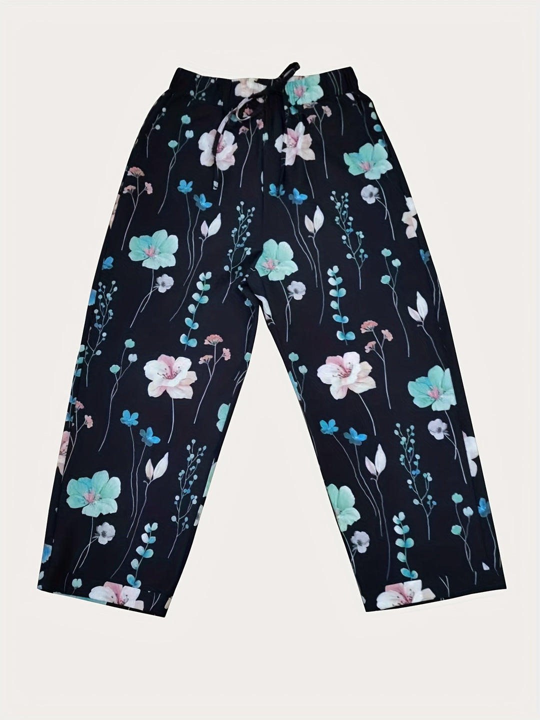 Women's Versatile Floral Drawstring Pants - Straight-Leg Style with Dual Pockets, Comfort-Fit for All Seasons, Ideal for Casual Outings and Everyday Wear