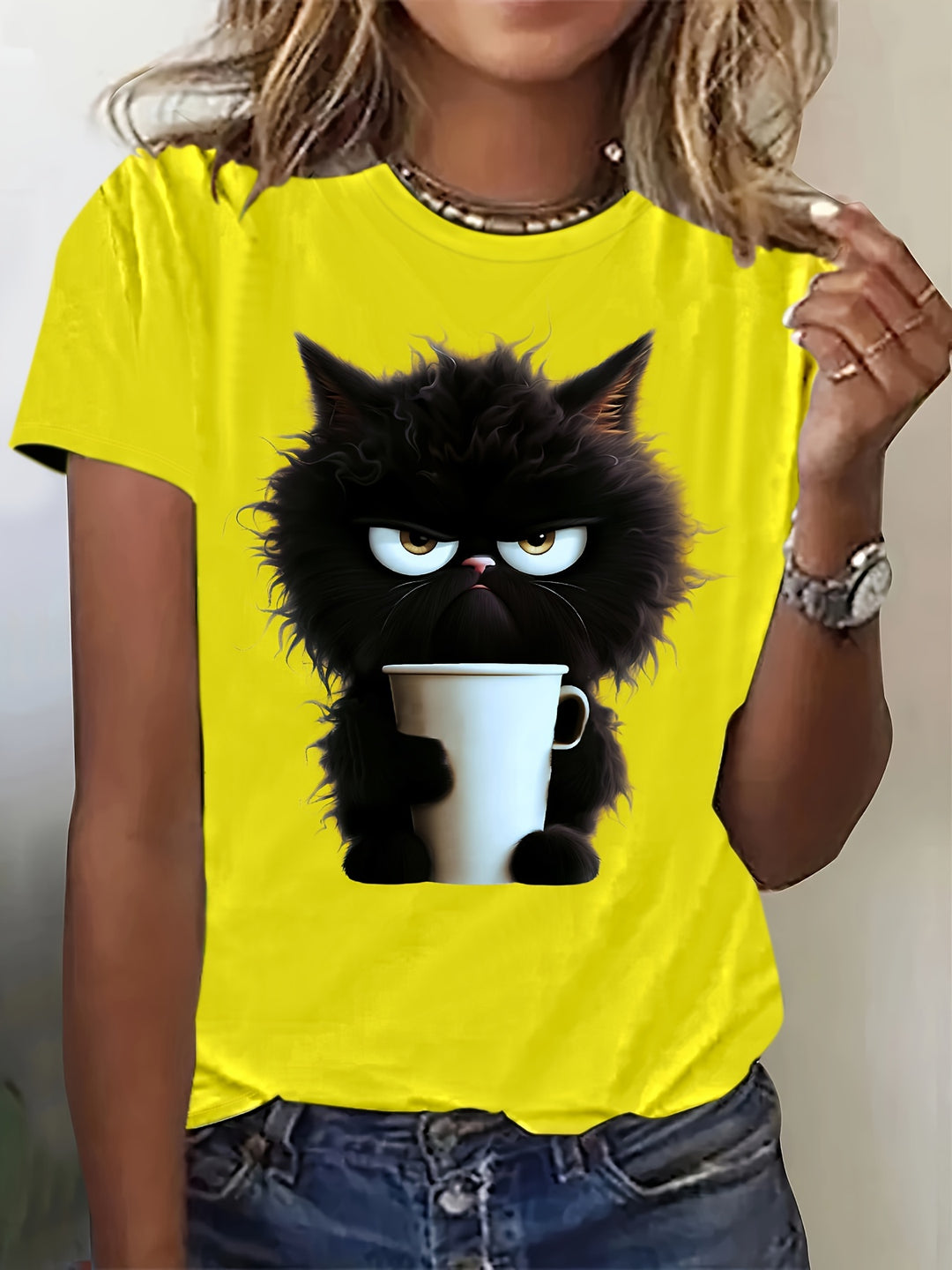 Vibrant Cat Pop Art Print Short Sleeve Crew Neck T-shirt - Soft Mid-Elasticity Polyester Knit Fabric, Regular Length, Casual Summer Top for Women - Perfect for Spring and Summer Outings