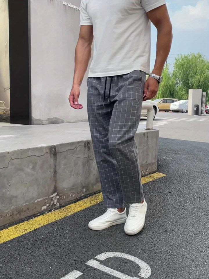 Men's Casual Striped Plaid Pants - Polyester, Drawstring Waist, Perfect for Spring/Fall