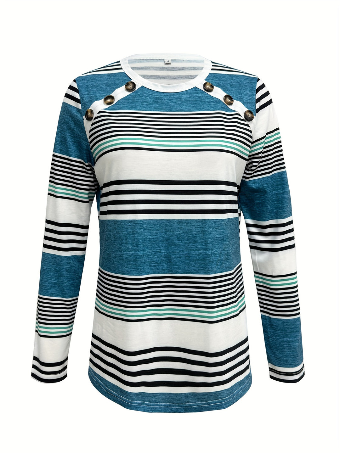 Elegant Women's Striped Long Sleeve T-Shirt with Chic Button Detail - Crew Neck, Comfort Fit, Machine Washable - Perfect for Daily Wear