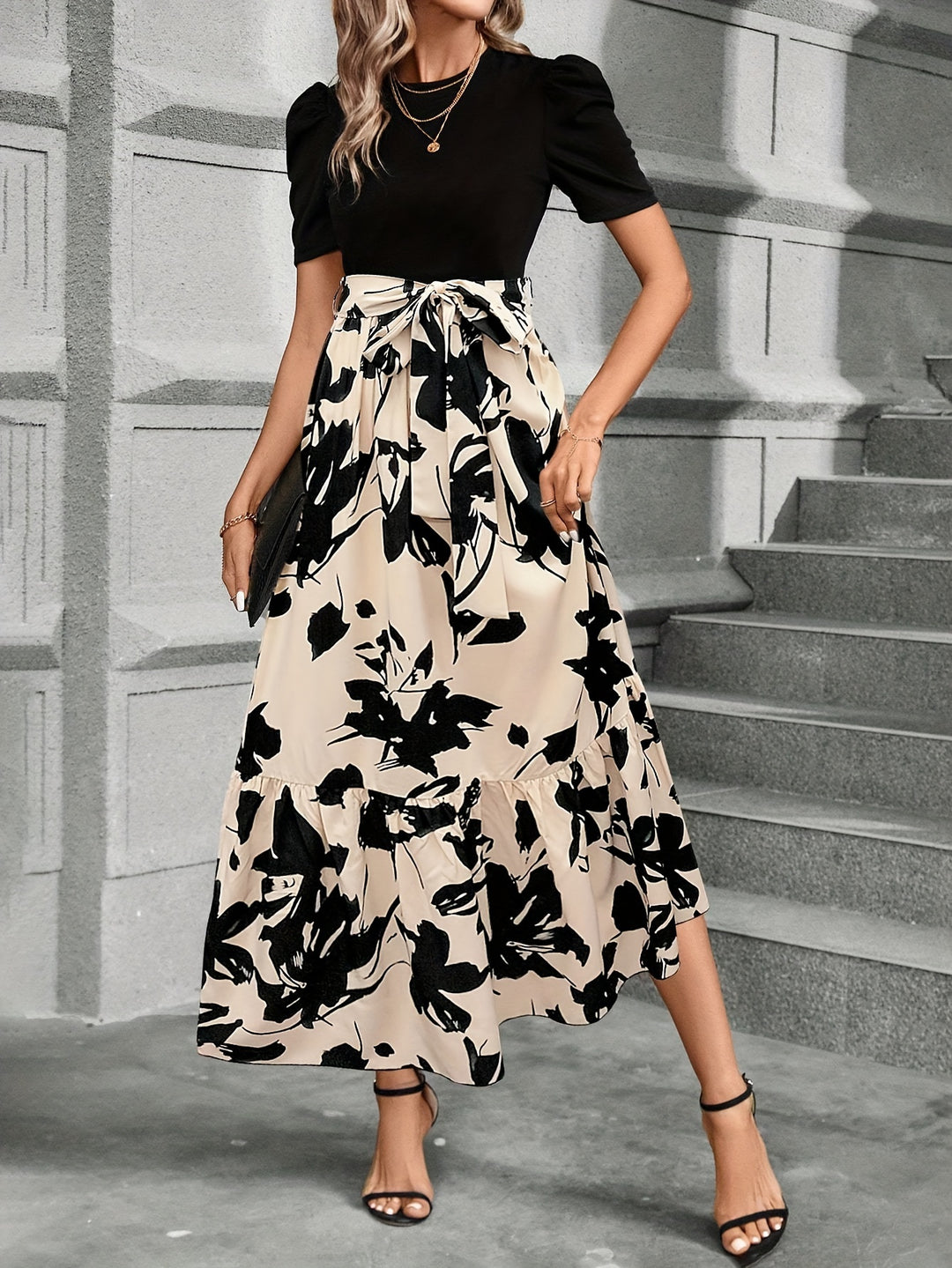 Floral Print Tie Waist A-line Dress