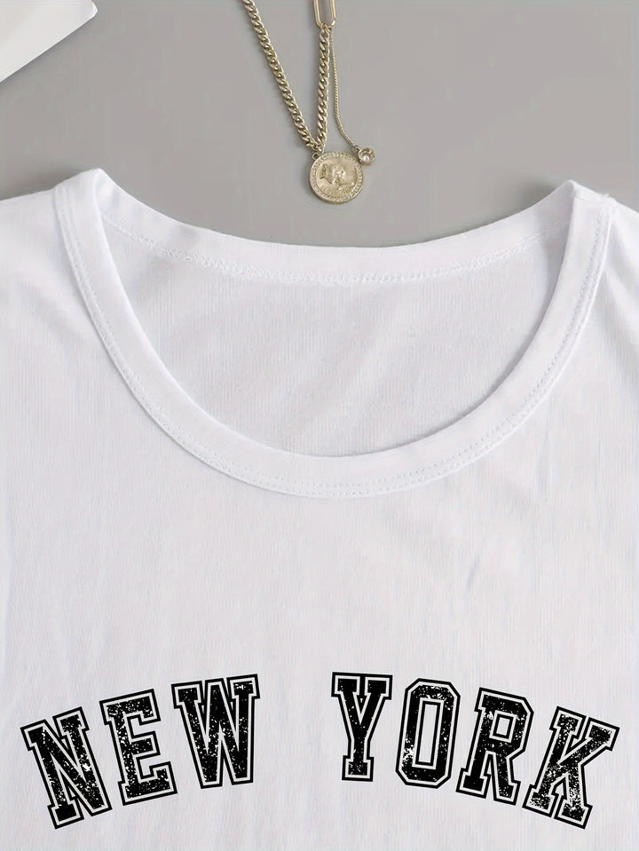 New York Print Crew Neck T-shirt, Casual Long Sleeve Top For Spring & Fall, Women's Clothing