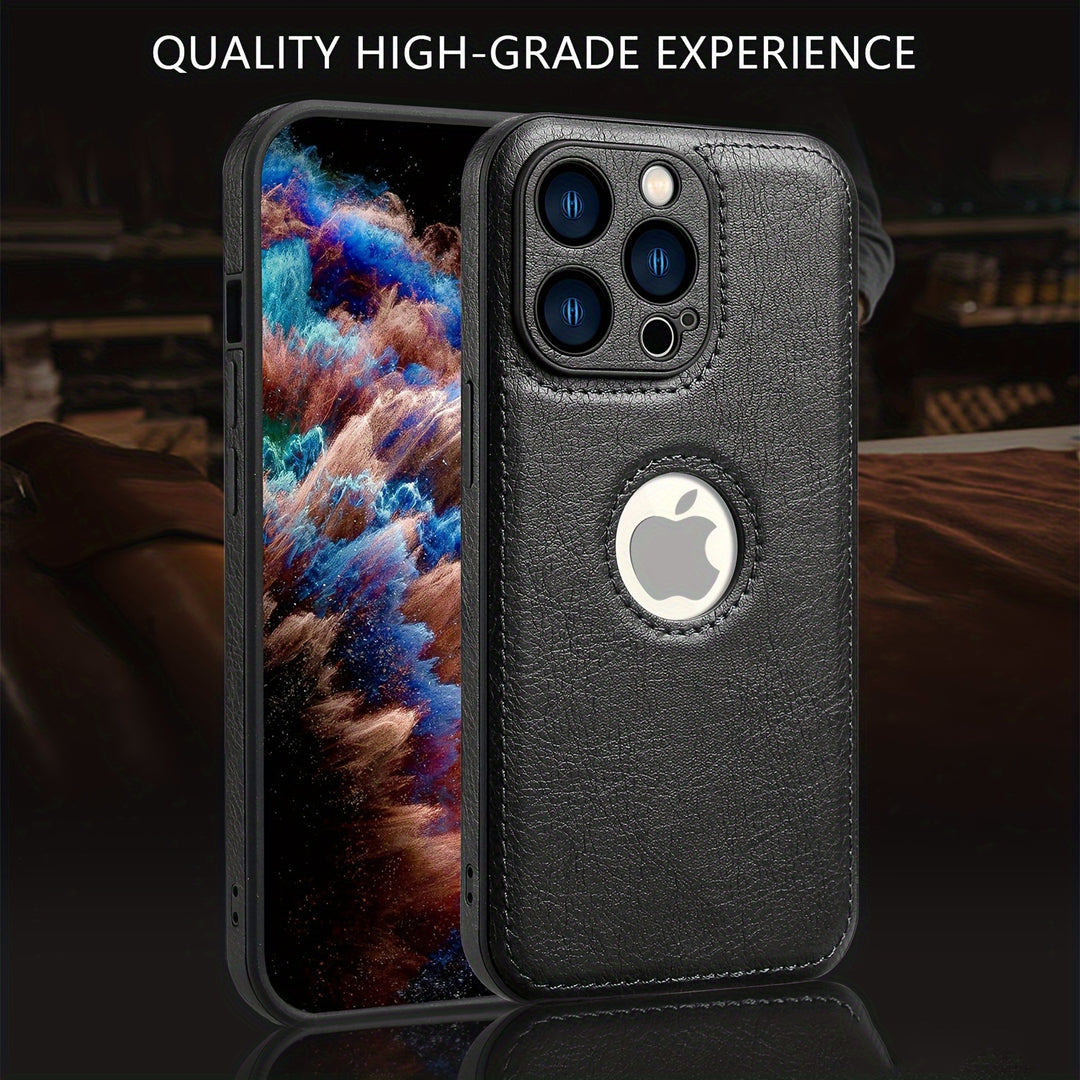 Logo View Compatible With IPhone 15/14/13/12 Pro Max Case Slim Premium Vegan Leather Classic Luxury Elegant Thin Cover, Shockproof Full Protection