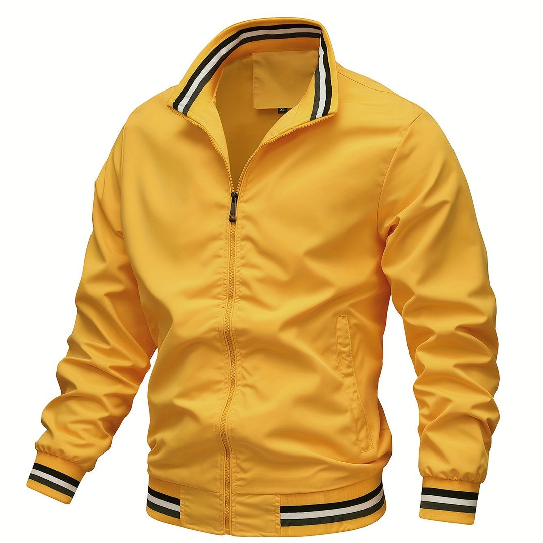 Stripe Edge Bomber Jacket, Men's Casual Stand Collar Zip Up Jacket For Spring Summer Outdoor