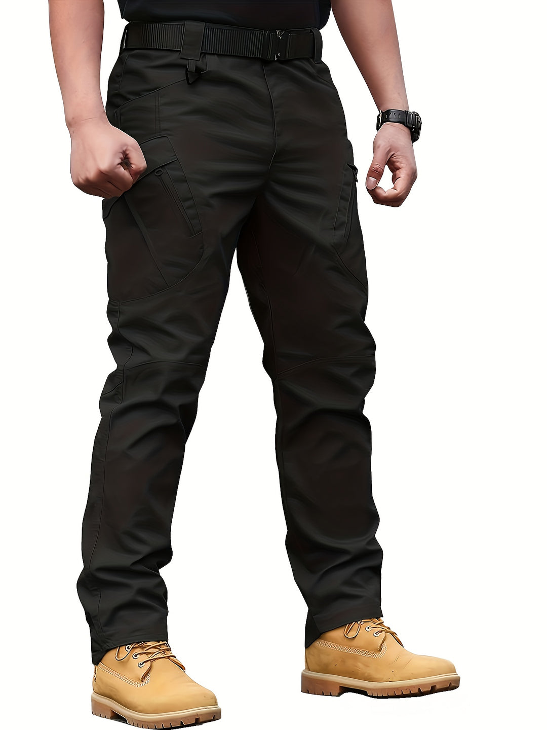 Men's Tactical Pants with Multiple Pockets, Solid Color Polyester, Machine Washable - All Seasons