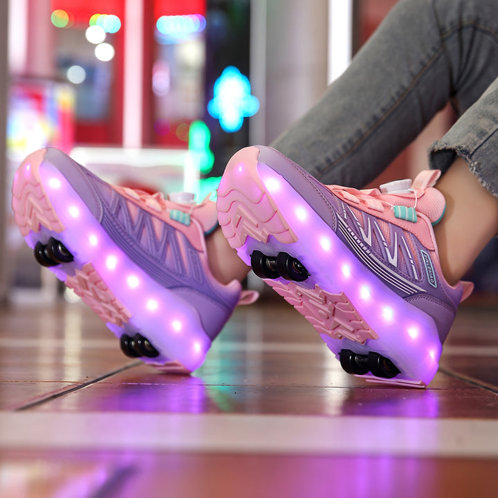 Girls' Dual-Purpose LED Light-Up Roller Skate Shoes with 16 Flashing Modes, Pink & Purple - Casual & Outdoor Sneakers with Rotary Buckle, Breathable Fabric, Low Top, Lightweight EVA/TPR Sole for Hiking, Daily Wear - All-Seaso