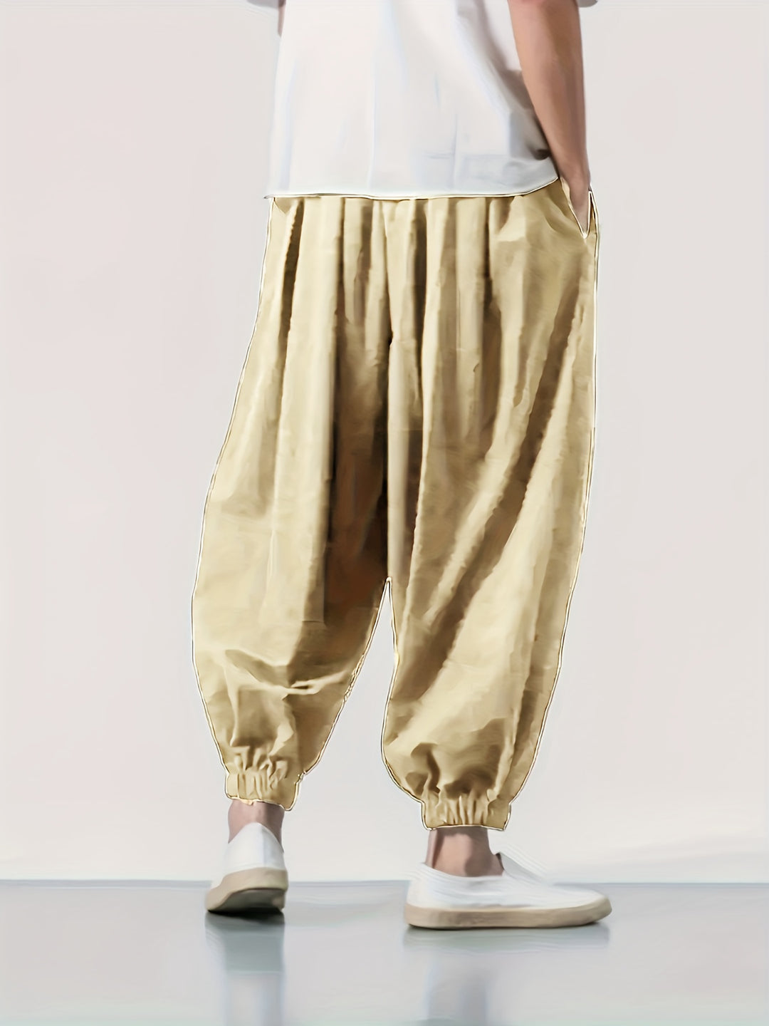 Men's Casual Solid Comfy Harem Pants With Drawstring, Hip Hop Style Trousers For Spring And Autumn