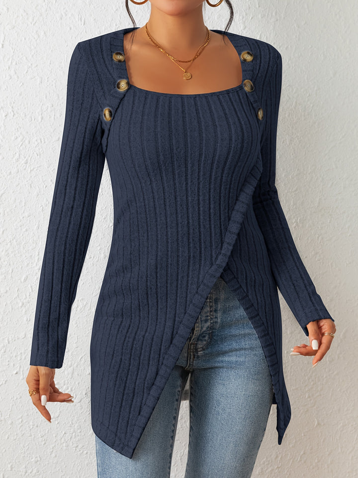 Square Neck Slim Fit Knit Button Decor Slit Hem Slim Fit Casual Long Sleeve T-shirt