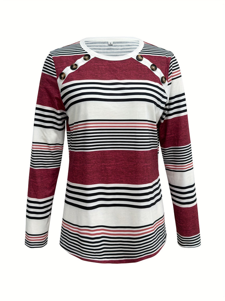 Elegant Women's Striped Long Sleeve T-Shirt with Chic Button Detail - Crew Neck, Comfort Fit, Machine Washable - Perfect for Daily Wear